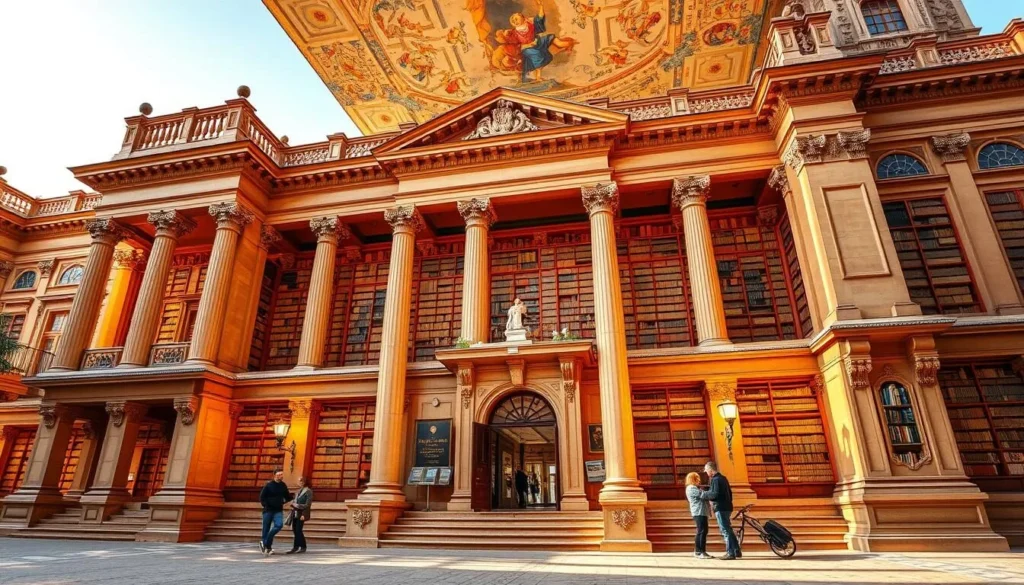 A majestic library nestled in the heart of Targu Mures, Romania, the Teleki-Bolyai Library stands as a testament to the region's rich cultural heritage. Capture the grand, neo-Renaissance facade bathed in warm, golden light, its ornate columns and intricate details inviting exploration. Step through the grand entrance, revealing a stunning interior adorned with ornate bookshelves, wooden panels, and intricate ceiling frescoes. Depict scholars and visitors immersed in the serene atmosphere, surrounded by the aroma of aged parchment and the whispers of centuries-old knowledge. Showcase the library's role as a center of art, culture, and intellectual pursuit, perfectly embodying the essence of Targu Mures' vibrant cultural landscape.