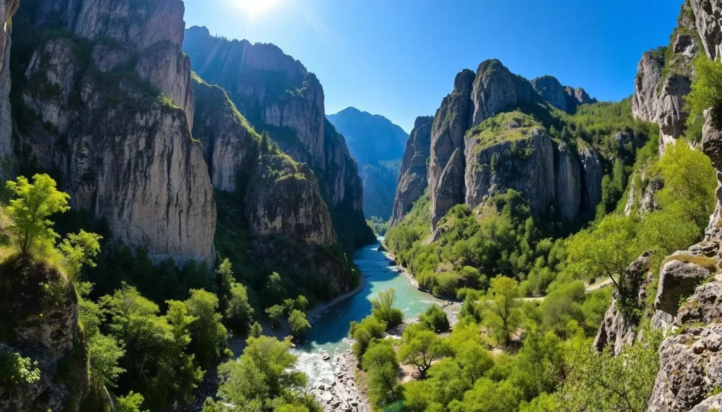 A majestic limestone canyon, Cheile Carașului winds through the Semenic-Cheile Carasului National Park in Romania. Capture the rugged terrain and crystal-clear waters of this natural wonder. Towering rock formations cast dramatic shadows as sunlight filters through the lush, verdant foliage. Capture the serene flow of the Caraș River as it meanders through the gorge, flanked by steep, craggy cliffs. Use a wide-angle lens to showcase the breathtaking scale and grandeur of this wild, untamed landscape. Convey a sense of peaceful tranquility and the power of nature in this idyllic scene.