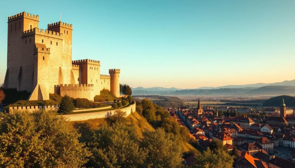 A majestic medieval castle stands proud atop a rolling hill, its sturdy stone walls and towers bathed in the warm golden light of a bright, cloudless day. The rugged fortress, with its crenelated battlements and arrow slits, looms over the charming town of Eger below, evoking the epic 1552 siege that took place within its walls. In the foreground, lush green trees and gardens surround the castle, while in the middle ground, the red-tiled roofs and winding cobblestone streets of the historic town stretch out, framed by the distant mountains. The scene is captured with a wide-angle lens, creating a sweeping, cinematic vista that transports the viewer back in time to the glory days of this legendary Hungarian castle.