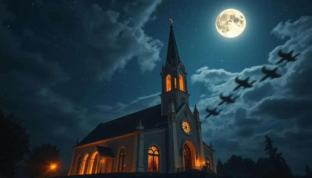 A majestic moon-lit church nestled amidst a dreamy, starry sky. The dazzling church spire casts a soft, ethereal glow over the tranquil landscape. Delicate Baroque architectural details adorn the façade, creating an enchanting, celestial atmosphere. Warm amber lighting filters through stained glass windows, illuminating the interior with a mystical ambiance. The scene is captured through a wide-angle lens, showcasing the grandeur of the structure against the captivating night sky. An awe-inspiring sight, blending the sacred and the celestial in perfect harmony.