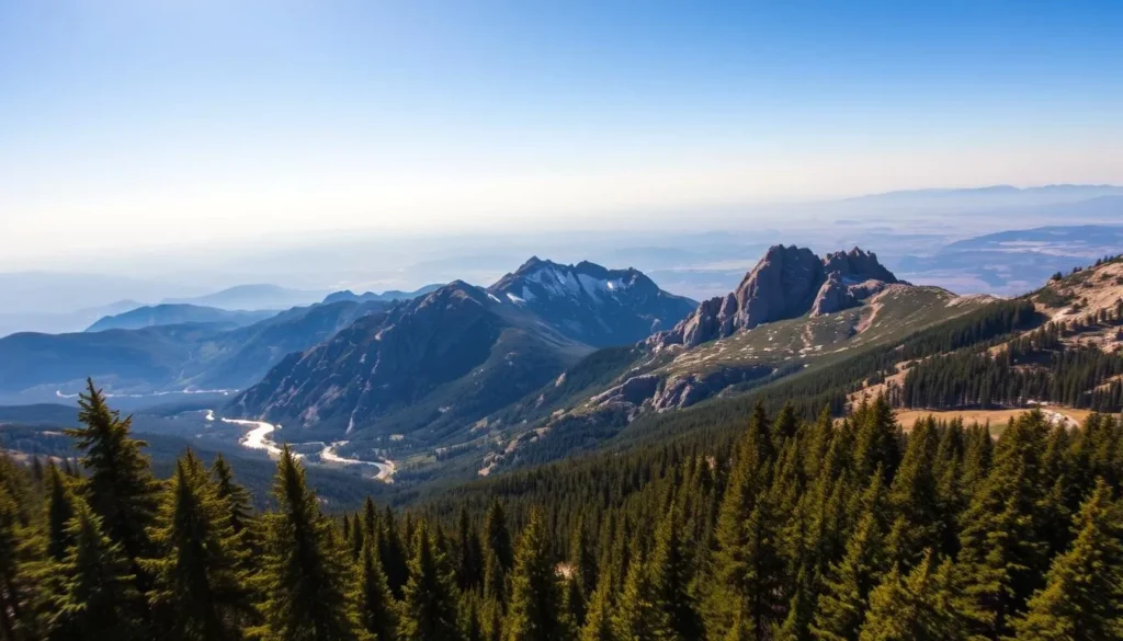 A majestic mountain landscape under a bright, clear sky. In the foreground, a lush, verdant forest with towering pine trees and a winding river cutting through the terrain. In the middle ground, rugged, snow-capped peaks rise up, their jagged edges casting dramatic shadows. The background is dominated by a dramatic, sweeping panorama of the Central Balkan National Park, Bulgaria, with rolling hills and valleys stretching out as far as the eye can see. The scene is illuminated by warm, natural lighting, capturing the beauty and serenity of this stunning natural wonder.