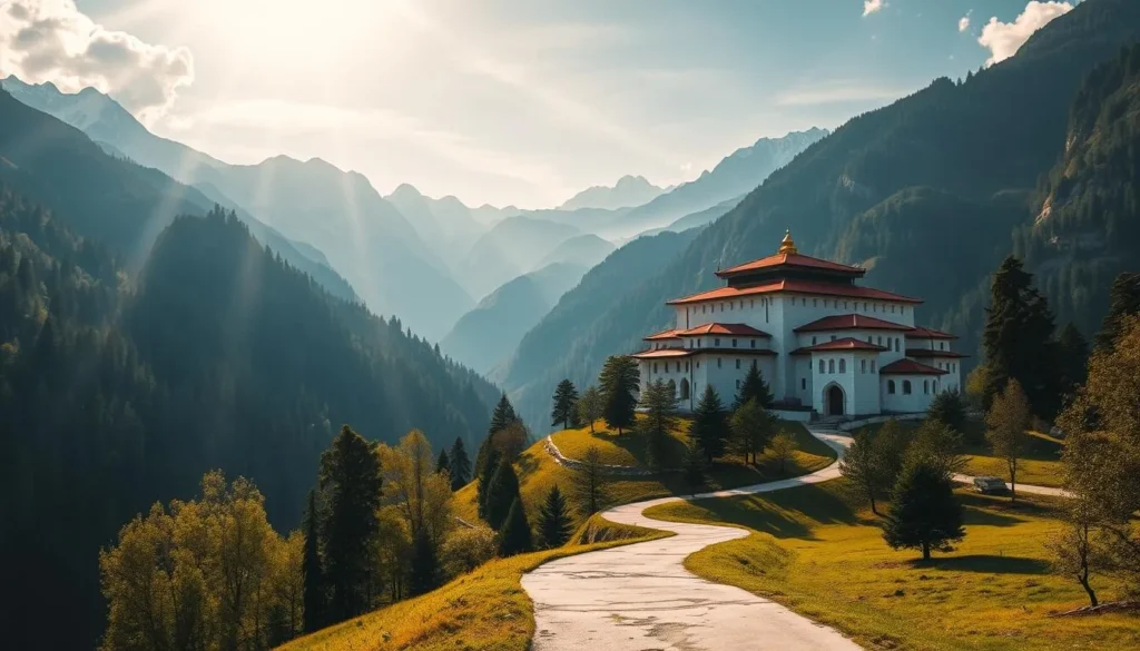 A majestic mountain monastery nestled in a lush, green valley. The iconic red-tiled roofs and white stone walls of Rila Monastery stand in awe-inspiring contrast against the rugged, snow-capped peaks in the distance. Sunlight filters through the dense forest, casting a warm, golden glow over the peaceful scene. In the foreground, a winding path leads visitors towards the grand entrance, inviting them to step into the rich history and spiritual serenity of this remarkable Bulgarian landmark. The composition captures the monastery's harmonious integration with its breathtaking natural setting, conveying a sense of timeless, tranquil beauty.