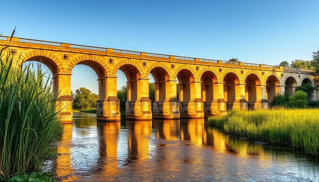 A majestic nine-arched bridge spanning the serene Hortobágy River, casting graceful shadows upon the tranquil waters. The golden-hued stones glisten under the warm sunlight, contrasting with the lush, verdant banks on either side. Tall reeds sway gently in the soft breeze, creating a picturesque rural scene. The bridge's elegant arches and weathered texture evoke a timeless, historical charm, inviting the viewer to imagine the countless travelers who have crossed it over the centuries. Capture this iconic landmark of Hortobágy National Park, Hungary, in a crisp, realistic style that showcases its architectural beauty and natural setting.