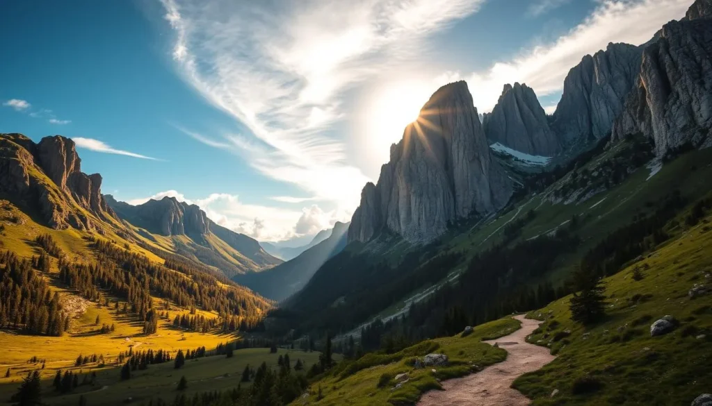A majestic, rugged ridge soaring against the azure sky, the Piatra Craiului National Park in Romania beckons with its dramatic limestone formations. Capture the towering, jagged peaks casting long shadows across the verdant slopes, adorned with lush forests and alpine meadows. Frame the scene with warm, golden sunlight filtering through wispy clouds, casting a serene, natural glow over the landscape. Include a winding hiking trail in the foreground, leading the viewer's eye towards the towering ridge in the distance. Convey a sense of awe and wonder, inviting the viewer to embark on an unforgettable adventure amidst this untamed, breathtaking natural wonder.