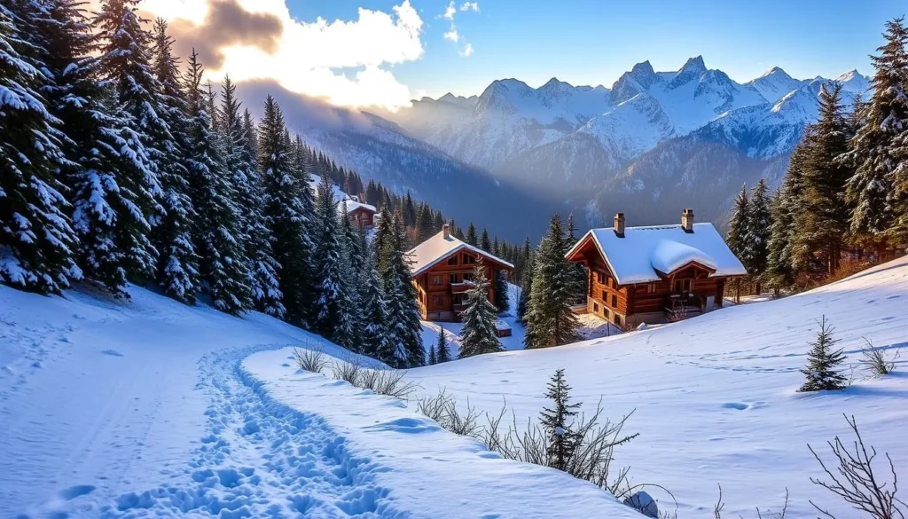 A majestic winter landscape in the Rila Mountains, Bulgaria. The foreground features a powdery snow-covered trail winding through a dense evergreen forest, with tall, snow-capped peaks rising in the distance. The middle ground showcases a picturesque mountain chalet, its wooden walls and roof blanketed in a fresh layer of snow. Warm, golden light filters through the clouds, casting a soft, magical glow over the entire scene. In the background, a breathtaking panorama of the rugged Rila mountain range, their jagged peaks piercing the crisp, azure sky. The atmosphere is one of peaceful serenity, inviting the viewer to imagine a day of snow-filled adventures and cozy respite in this winter wonderland.