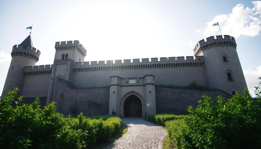 A massive medieval fortress stands tall against a bright, cloudless sky. Sturdy stone walls, adorned with ornate towers and turrets, rise majestically from the rugged terrain. Sunlight filters through the crenelated battlements, casting dramatic shadows that accentuate the fortress's impressive architecture. In the foreground, a winding cobblestone path leads to the ornate main gate, guarded by a pair of towering stone archways. Lush, verdant foliage frames the scene, creating a sense of timeless serenity. The overall atmosphere evokes a bygone era of chivalry, power, and grandeur, inviting the viewer to step back in time and explore the rich history of this magnificent medieval stronghold.