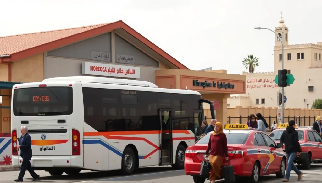 A modern bus arriving at Khemisset's transportation hub with passengers and luggage