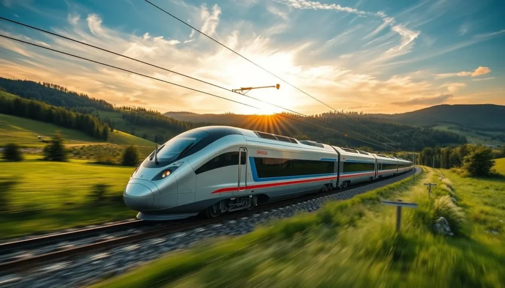 A modern, high-speed passenger train speeding through the picturesque Bulgarian countryside, with rolling hills and lush forests in the background. The train's sleek, silver exterior gleams in the warm, golden sunlight, while wispy clouds drift overhead. The scene evokes a sense of effortless travel and the convenience of public transportation connecting Pernik to Sofia. The train's dynamic movement and the serene, pastoral setting create a compelling visual that captures the essence of the journey between these two destinations.