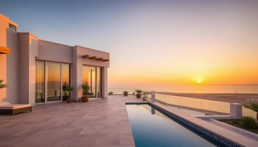 A modern holiday home in Al Ruwais with traditional Qatari architectural elements and a view of the sea