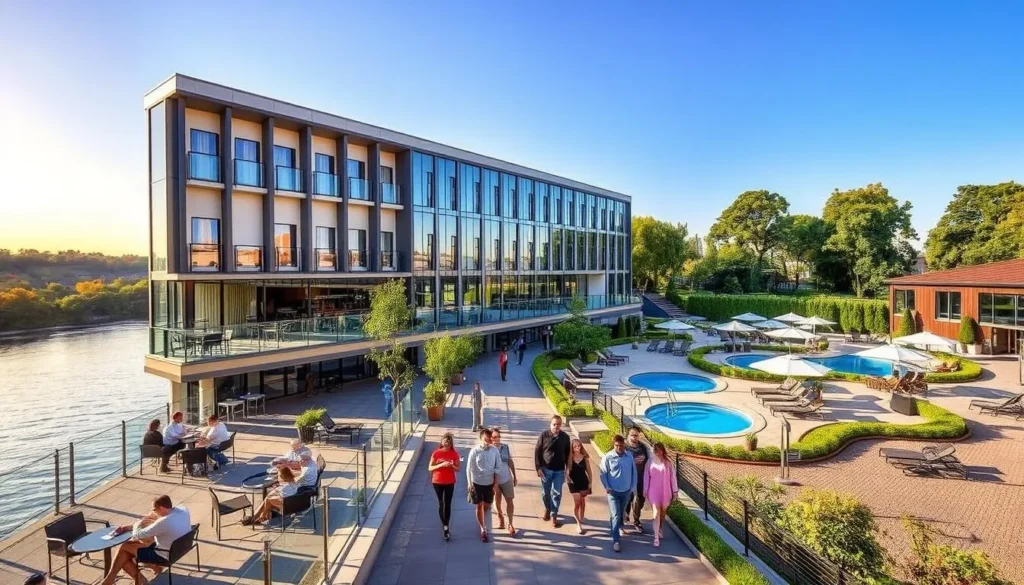 A modern, mid-range hotel overlooking the Danube River in Galati, Romania. The facade features sleek, contemporary design with glass and steel accents. Guests are relaxing on the riverside terrace, enjoying the warm afternoon sunlight and scenic views. The interior lobby has a welcoming, open-concept layout with natural wood and earthy tones creating a cozy ambiance. Families and couples stroll through the lush, manicured gardens surrounding the hotel. An inviting pool area is visible in the background, with lounge chairs and umbrellas for a refreshing dip. Overall, the image conveys an affordable yet comfortable accommodation option in the heart of the city, catering to both leisure and business travelers.