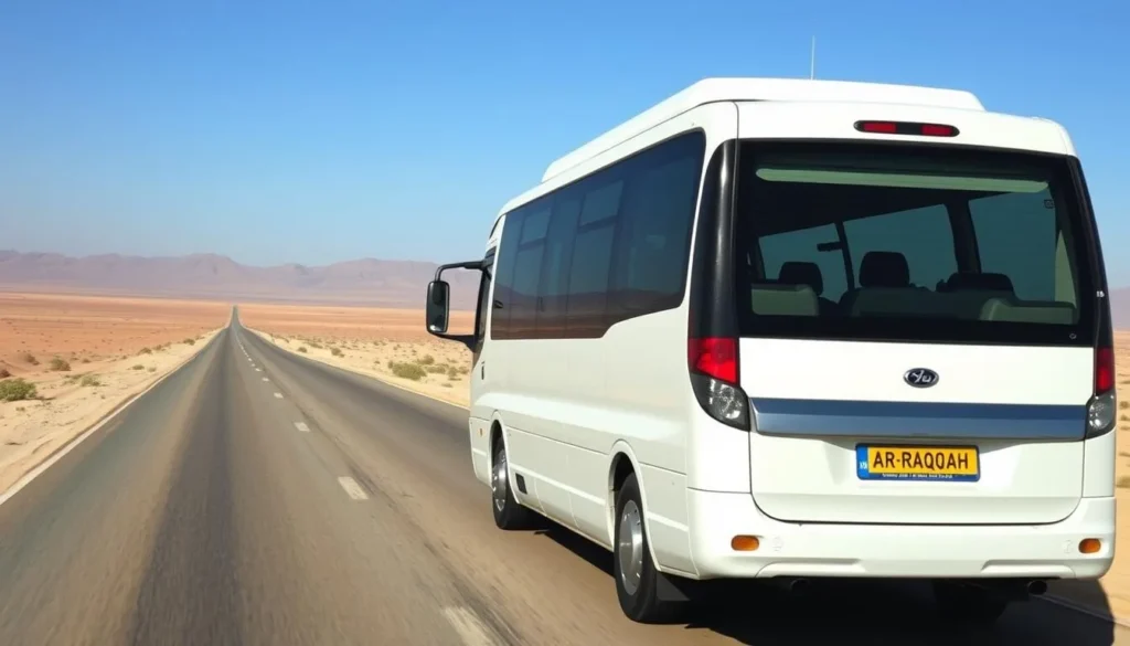 A modern tour vehicle traveling on the road to Ar-Raqqah with the Syrian landscape visible in the background