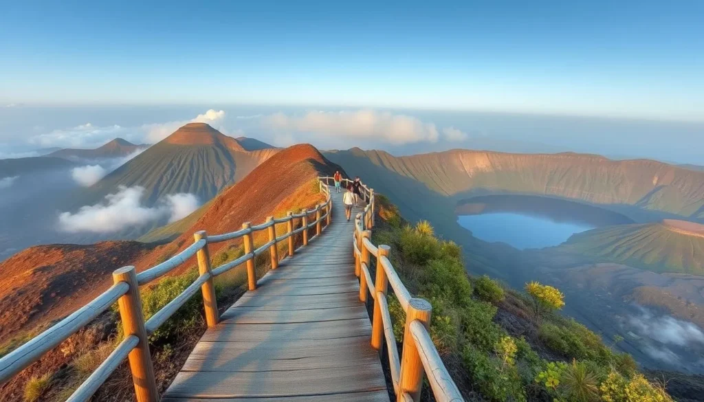 A narrow path leading to Kelimutu viewpoint with safety railings and tourists walking toward the crater lakes