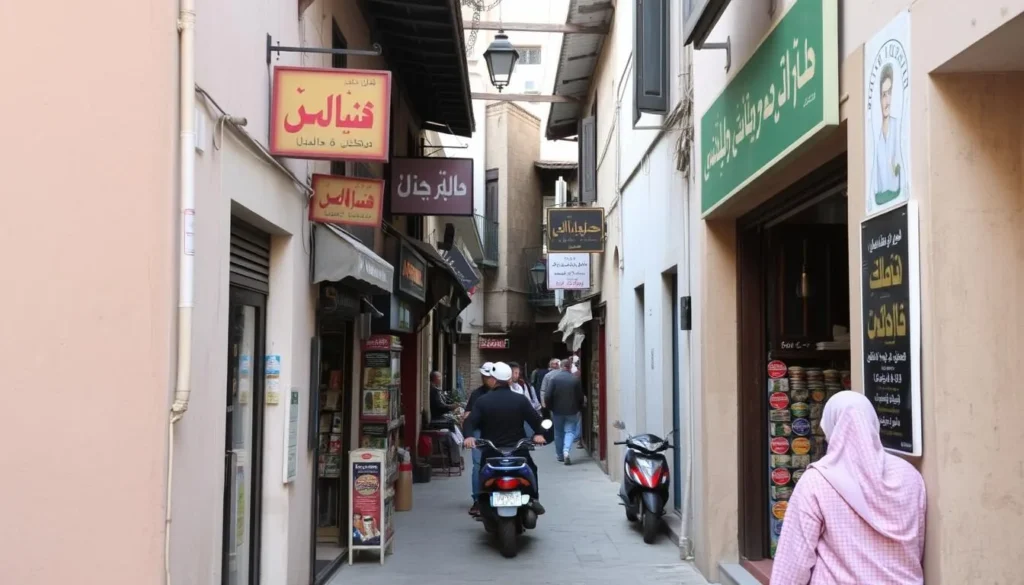 A narrow street in Khemisset with local shops, pedestrians, and small vehicles