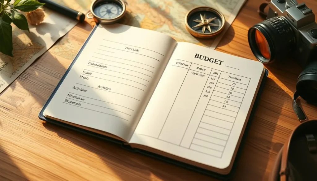 A neatly organized travel budget planner in a pastel-colored notebook, with categories like transportation, accommodations, meals, activities, and miscellaneous expenses. Warm, natural lighting illuminates the page, creating a cozy, organized atmosphere. The notebook rests on a wooden table, surrounded by travel essentials like a map, compass, and camera. The overall scene conveys a sense of thoughtful planning and preparation for a memorable trip.