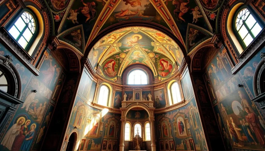 A ornately decorated fresco-adorned interior of the historic St. George's Church in Suceava, Romania. The walls are covered in vivid, intricate religious imagery bathed in warm, natural light pouring in through large windows. The ceiling features elaborate painted vaulted arches. The scene has a serene, reverent atmosphere, capturing the church's architectural and artistic splendor on a bright, cloudless day.