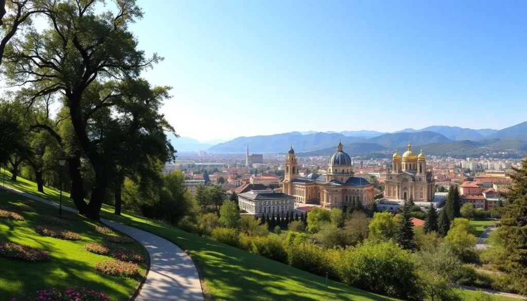 A panoramic view of Pleven, Bulgaria, on a pleasant sunny day. In the foreground, a lush green park with a winding path, dotted with vibrant flowers and towering trees casting gentle shadows. The middle ground reveals the historic city center, with its distinctive domed churches and ornate architecture bathed in warm, golden light. In the background, rolling hills and distant mountains frame the scene, creating a serene and picturesque landscape. Capture this breathtaking vista through a wide-angle lens, showcasing the city's natural beauty and architectural charm in a cohesive, harmonious composition.