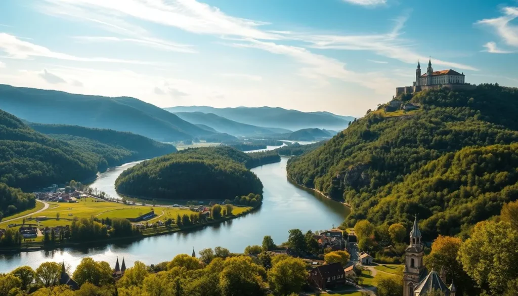 A panoramic view of the Danube River snaking through the lush, rolling hills of the Danube-Ipoly National Park. Sunlight filters through wispy clouds, casting a warm, golden glow over the scene. In the foreground, a picturesque village nestled along the riverbank, its charming houses and church spires reflected in the calm waters. The middle ground features dense, verdant forests climbing the hillsides, interspersed with meadows and rocky outcroppings. In the distance, the iconic silhouette of the Visegrád Castle crowns the hilltop, a testament to the region's rich history. The composition captures the harmony of nature, architecture, and history that makes the Danube Bend a must-visit destination.