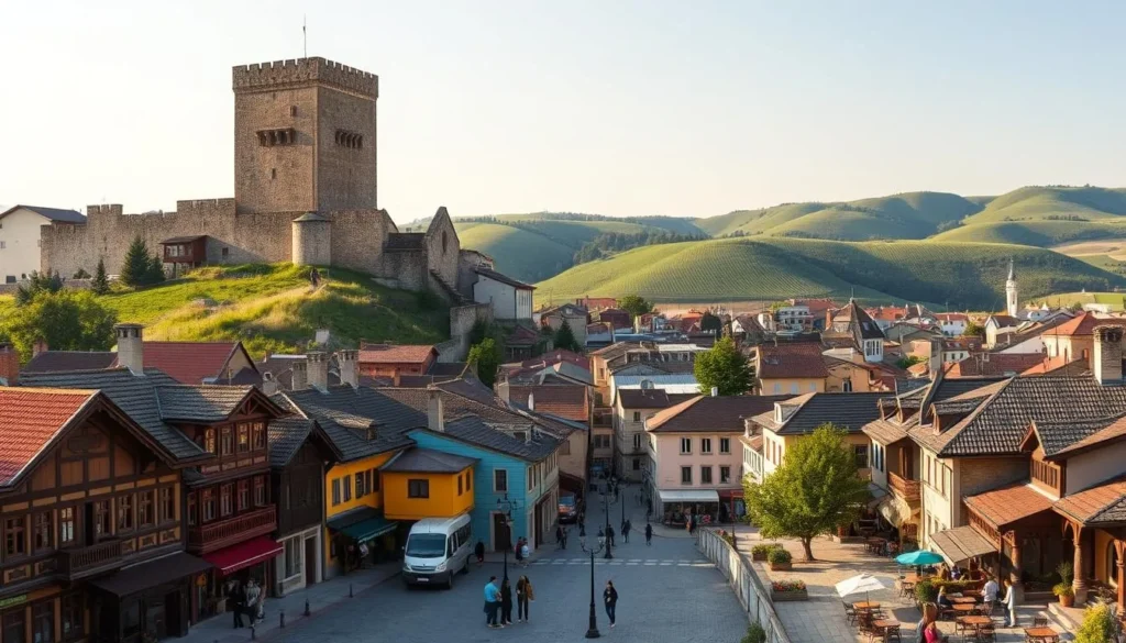 A panoramic vista of Shumen, Bulgaria, bathed in warm afternoon light. In the foreground, a bustling town square lined with colorful traditional houses, their facades adorned with intricate woodcarvings. Towering over the scene, the imposing Shumen Fortress rises majestically, its ancient stone walls and towers evoking a sense of history and grandeur. In the middle ground, winding cobblestone streets lead past quaint cafes and artisanal shops, where locals and visitors mingle. The background is dominated by gently rolling hills, their lush green slopes dotted with vineyards and orchards, hinting at the region's rich agricultural heritage. The overall atmosphere conveys a sense of authentic cultural vibrancy, inviting the viewer to explore and discover the bold monuments and easy day trips that make Shumen a must-visit destination.