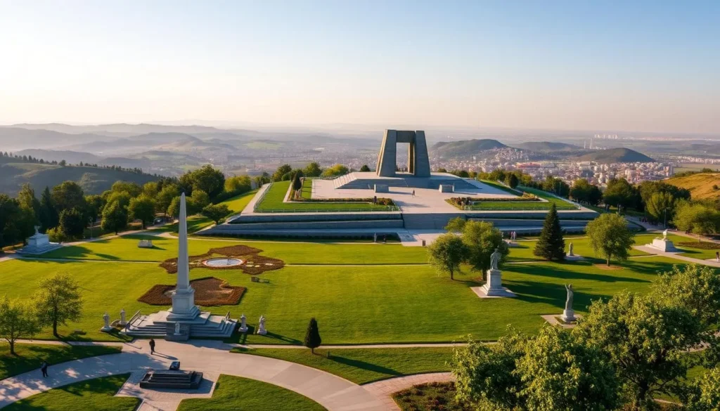 A panoramic vista of the Stara Zagora Memorial, situated on a gently sloping hillside. In the foreground, a tranquil park with well-manicured lawns and lush greenery, dotted with various monuments and sculptures honoring the region's history. The middle ground features the imposing memorial structure, a striking architectural design with clean lines and a mix of stone and metal elements, bathed in warm afternoon sunlight. The background showcases the rolling hills and distant cityscape of Stara Zagora, creating a harmonious blend of natural and man-made elements. The overall scene conveys a sense of reverence, contemplation, and appreciation for the region's cultural heritage.