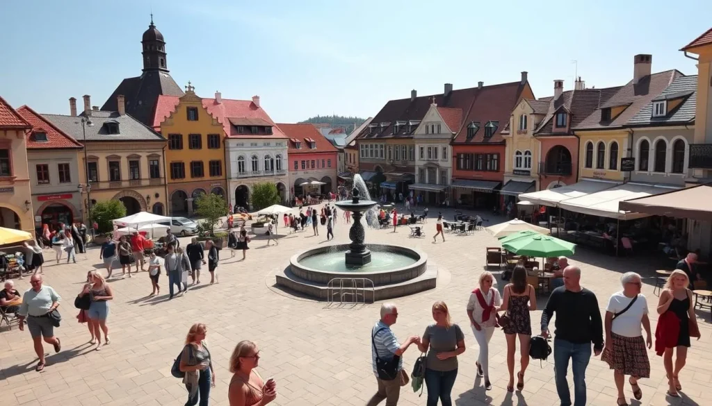 A peaceful town square in Érd, Hungary on a sunny afternoon. In the foreground, a group of tourists casually strolling, enjoying the historic architecture and lively atmosphere. The middle ground features a central water fountain, where families and friends gather to chat and relax. In the background, quaint cafes and shops line the streets, their cozy outdoor seating areas shaded by colorful umbrellas. The lighting is soft and warm, capturing the tranquil yet vibrant mood of the scene. The camera angle is slightly elevated, offering a sweeping view that showcases the town's harmonious blend of modern and traditional elements. An inviting, picturesque setting that instills a sense of time well-spent in a safe, private oasis.