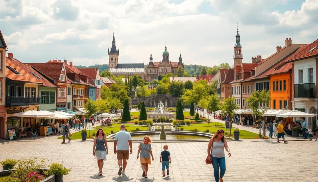 A peaceful weekend getaway in Botoșani, Romania. A quaint town square lined with colorful buildings, bustling with local markets and cafes. In the foreground, a family strolling, enjoying the warm sunshine and fresh air. In the middle ground, a picturesque park with lush greenery and a serene pond, where locals and visitors alike gather to relax. In the background, the skyline is dotted with historic church spires and ancient architectural details. The scene is bathed in soft, golden lighting, creating a welcoming and charming atmosphere. Convey a sense of calm, leisure, and the simple pleasures of a weekend well-spent in this beautiful Romanian town.