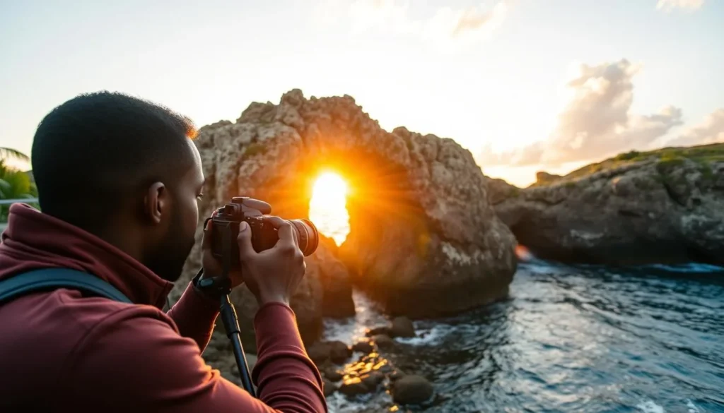 A photographer captures the dramatic sunrise light at Devil's Bridge, one of the park's prime photography locations