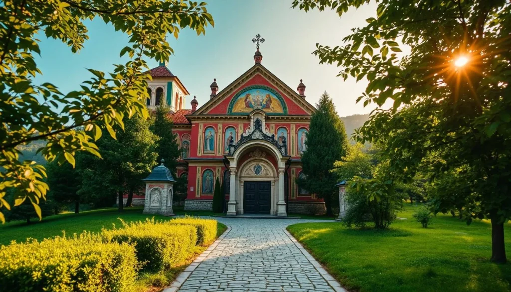 A picturesque Eastern Orthodox monastery nestled amidst the rolling hills of Bukovina, Romania. The ornate, painted façade glows in the warm, diffused sunlight, its vivid frescoes depicting biblical scenes. Lush, verdant foliage frames the structure, creating a serene, contemplative atmosphere. In the foreground, a cobblestone path leads visitors towards the ornate entryway, inviting exploration of this exquisite example of Byzantine-influenced architecture and art under the open sky.