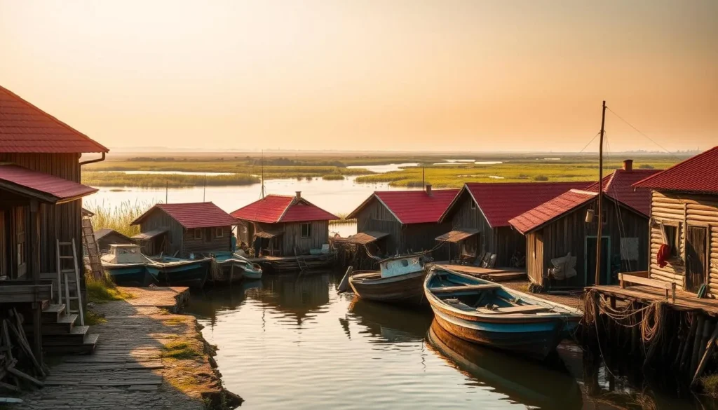 A picturesque Lipovan fishing village nestled along the serene Danube Delta, Mila 23 comes alive under the warm, golden sunlight. Rustic wooden houses with vibrant red roofs line the riverbanks, their reflections dancing on the calm waters. Weathered fishing boats sway gently, their nets ready to harvest the delta's abundant catch. In the distance, verdant wetlands and reeds stretch out, creating a tranquil, almost dreamlike atmosphere. Strolling down the narrow streets, one can almost hear the gentle lapping of the waves and the calls of local fishermen. This idyllic scene, a testament to the region's timeless traditions, invites visitors to slow down, immerse themselves in the unhurried pace of life, and savor the essence of the Danube Delta.