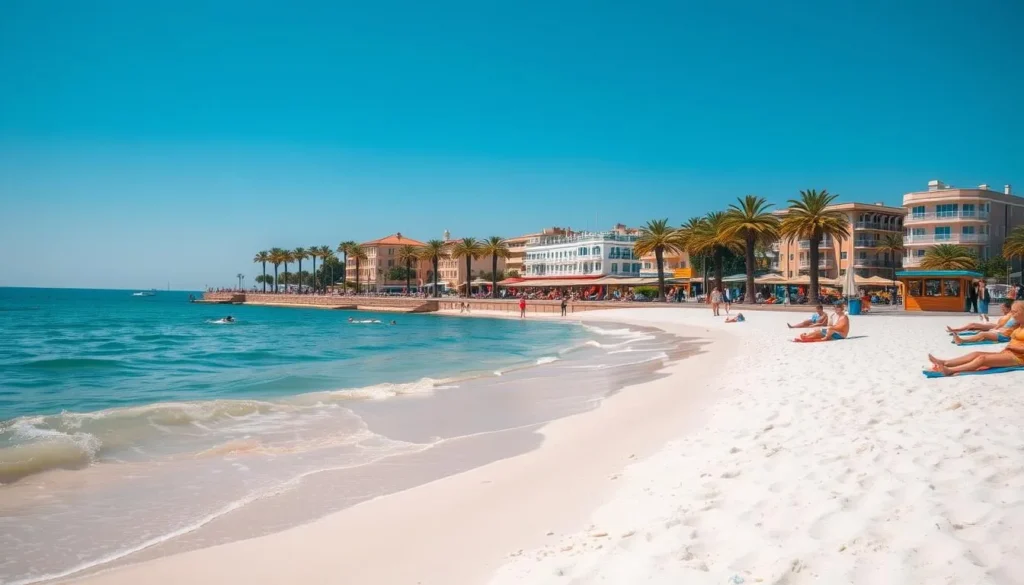 A picturesque Varna beach on a sun-drenched day. In the foreground, soft white sand leads to gentle waves lapping at the shore. Beachgoers relax on colorful towels, soaking up the warmth of the golden sun. In the middle ground, a few people wade in the clear, turquoise waters, while others stroll along the promenade lined with swaying palm trees. In the background, a row of charming seaside cafes and hotels overlook the serene scene, their pastel facades reflecting in the calm surface of the Black Sea. A light sea breeze carries the salty scent of the ocean, creating a peaceful, idyllic atmosphere.