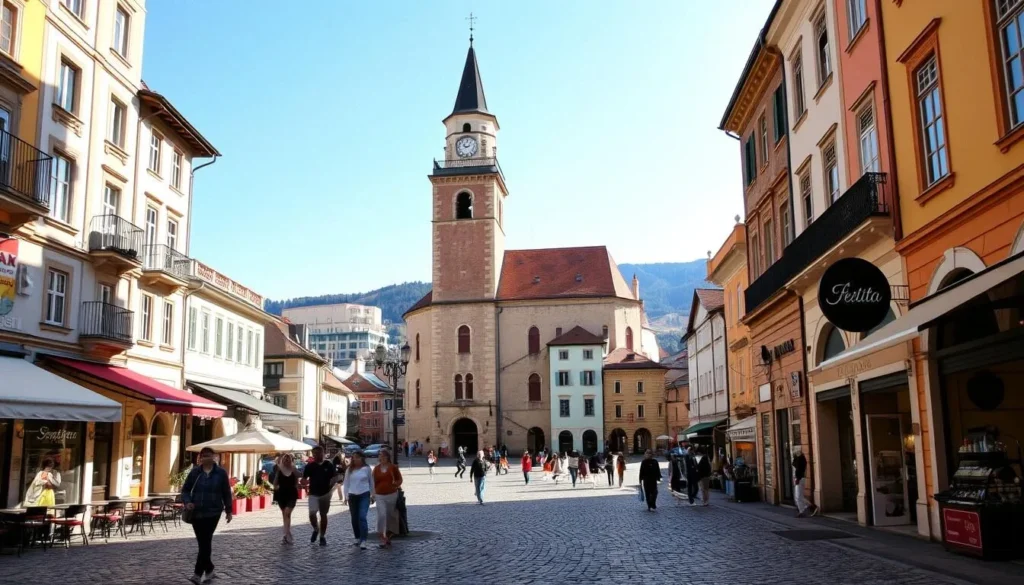 A picturesque city square in Bistrita, Romania, bathed in warm afternoon sunlight. Cobblestone streets lead to a charming medieval town hall with a distinctive clock tower. Quaint cafes and boutiques line the square, their colorful facades reflected in the polished pavement. In the foreground, people stroll leisurely, enjoying the vibrant atmosphere. The middle ground features a mix of historic buildings and modern architecture, while the background showcases rolling hills and a clear blue sky. This serene, inviting scene captures the essence of Bistrita, a perfect destination to plan your Romanian travel.