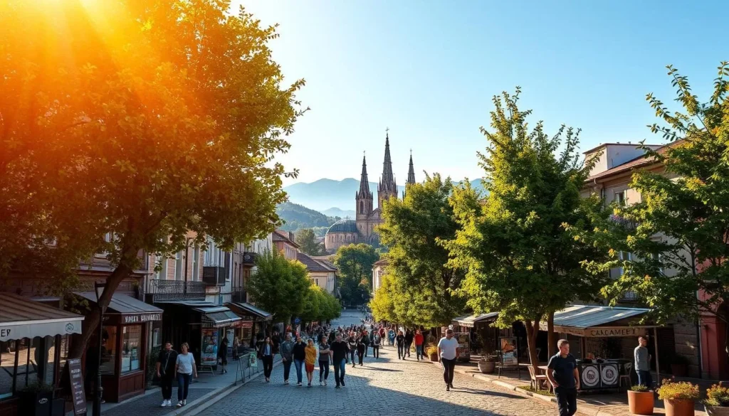 A picturesque cityscape of Blagoevgrad, Bulgaria, bathed in warm, golden afternoon light. In the foreground, a charming cobblestone street lined with vibrant cafes, local shops, and historic buildings. People stroll leisurely, pausing to admire the architecture and soak in the lively atmosphere. In the middle ground, a magnificent cathedral, its spires reaching towards the clear, azure sky. Lush, verdant trees and greenery frame the scene, creating a serene and inviting ambiance. The background showcases the rolling hills and mountains that surround the city, hinting at the natural beauty that awaits beyond the urban center. A sense of timeless allure and cultural richness pervades the entire composition, inviting the viewer to imagine themselves immersed in the joyful experience of visiting Blagoevgrad.