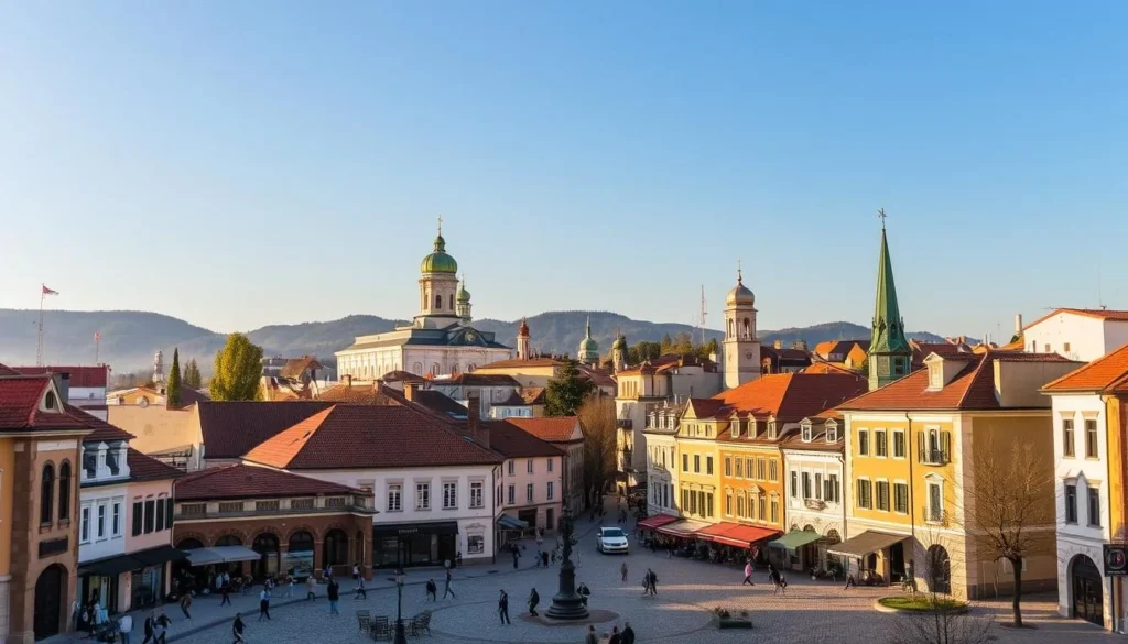 A picturesque cityscape of Dobrich, Bulgaria, featuring a blend of historic architecture and modern landmarks. In the foreground, a charming town square bustles with locals and visitors, surrounded by cobblestone streets and quaint cafes. The middle ground showcases the iconic domes and spires of the regional history museum, set against a backdrop of verdant hills and a clear, azure sky. The scene is bathed in warm, golden light, creating a inviting and atmospheric ambiance. The overall composition evokes a sense of cultural richness and the allure of this Bulgarian city.
