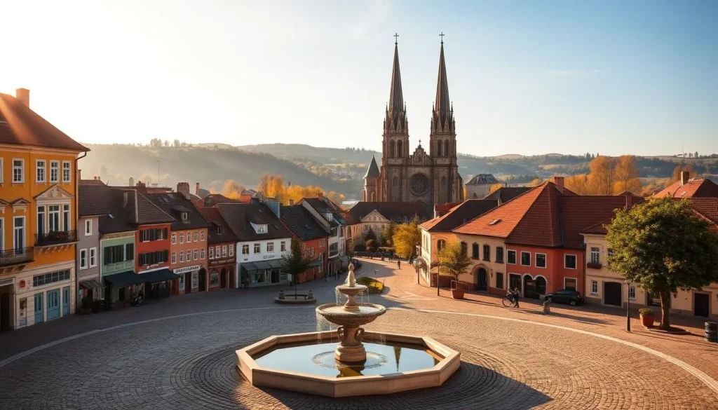 A picturesque cityscape of Zalaegerszeg, Hungary, bathed in warm, golden afternoon light. In the foreground, a charming town square lined with historic buildings, their vibrant facades reflecting in the tranquil fountain. In the middle ground, a winding cobblestone street leads the eye towards the striking spires of the Zalaegerszeg Cathedral, its neo-Gothic architecture standing tall against a backdrop of rolling hills and verdant trees. Capture the essence of this enchanting town through a crisp, high-resolution image that showcases the best photographic vantage points, inviting the viewer to explore the picturesque streets and discover the city's timeless beauty.