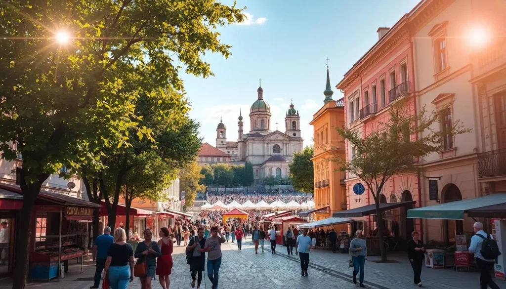 A picturesque day walking tour through the historic streets of Iasi, Romania. Warm sunlight filters through lush trees, casting a golden glow on the charming old buildings and cobblestone paths. In the foreground, a group of tourists stroll leisurely, taking in the vibrant local life and architecture. The middle ground reveals a bustling town square, with colorful market stalls and people going about their daily activities. In the distance, the iconic spires and domes of Iasi's magnificent churches and cathedrals rise majestically against a bright, cloudless sky. An atmosphere of tranquility and cultural richness pervades the scene, inviting the viewer to explore the wonders of this historic Romanian city.