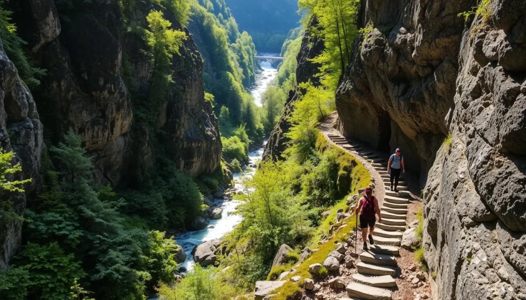 A picturesque gorge winding through lush green forests, with rugged rocky cliffs towering on either side. Sunlight filters through the canopy, casting a warm glow on the trail below. Hikers ascend the winding path, navigating the rocky terrain and taking in the breathtaking views of the Rám-szakadék gorge. In the distance, a crystal-clear stream rushes over the rocks, adding a soothing soundtrack to the adventurous hike. The scene conveys a sense of tranquility and the thrill of exploring the great outdoors.