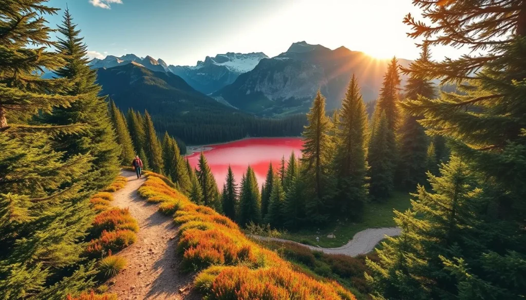 A picturesque hiking route winding through the lush, verdant forests of the Cheile Bicazului-Hasmas National Park in Romania. Vibrant crimson trails lead hikers alongside a serene, shimmering red lake, framed by rugged, snow-capped peaks in the distance. Warm, golden sunlight filters through the canopy, casting a gentle glow over the scene. The path meanders gracefully, inviting adventurers to explore the park's natural beauty. Capture the essence of this idyllic hiking destination in a realistic, high-resolution image.