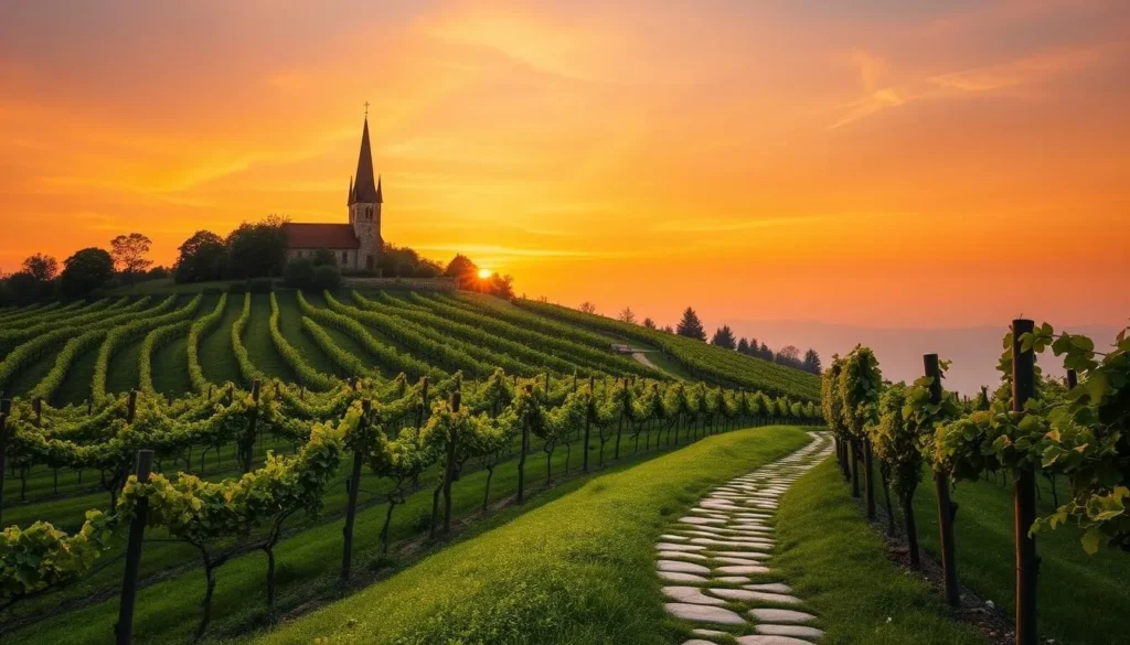 A picturesque hillside dotted with lush vineyards and tidy rows of grapevines, bathed in the warm glow of a setting sun. At the crest, a historic stone church, the Szent György-hegy, stands tall and proud, its steeple piercing the vibrant orange sky. In the foreground, a tranquil stone path winds through the verdant landscape, inviting the viewer to slow down and savor the serene beauty of this idyllic Hungarian countryside. Soft, diffused light bathes the scene, creating a sense of calm and timelessness. This evocative landscape captures the essence of the Balaton-Uplands National Park's slow-paced charm and the picturesque allure of the region's wine-making heritage.