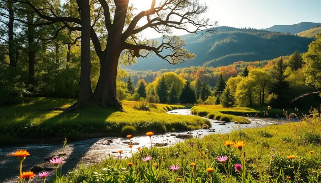 A picturesque landscape captured in the heart of Buila-Vânturarița National Park, Romania. The scene depicts a serene forest setting with a meandering stream cutting through the lush, verdant foliage. Sunlight filters through the canopy, casting a warm, golden glow across the scene. In the foreground, vibrant wildflowers dot the riverbank, their petals swaying gently in the breeze. The middle ground features a cluster of towering, ancient trees, their gnarled trunks and branches creating a stunning natural frame. In the distance, rolling hills rise up, cloaked in a tapestry of emerald greens and autumnal hues. The overall atmosphere is one of tranquility and wonder, inviting the viewer to immerse themselves in the beauty of this unspoiled natural wonder.