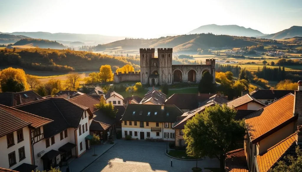 A picturesque landscape in Tatabánya, Hungary, captured in warm golden hour light. In the foreground, a quaint village square with charming buildings and cobblestone streets. Towering medieval castle ruins rise in the middle ground, casting dramatic shadows. In the background, rolling hills dotted with vibrant greenery and a stunning mountain silhouette. The scene exudes a sense of timeless elegance and invites the viewer to explore the best photo spots this historic town has to offer.