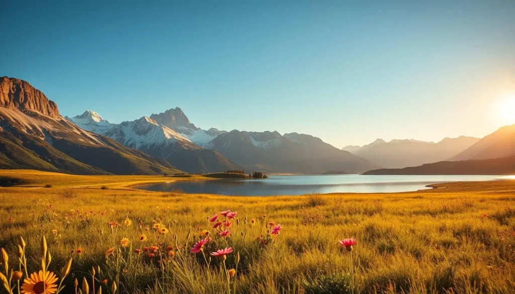 A picturesque landscape in the heart of Montana, Bulgaria, bathed in warm golden sunlight. In the foreground, a lush meadow dotted with vibrant wildflowers sways gently in a soft breeze. Towering mountains rise majestically in the background, their snow-capped peaks reflecting the clear azure sky. A serene lake, its surface like a mirror, reflects the surrounding natural beauty. The scene exudes a sense of tranquility and timelessness, capturing the essence of the best time to visit this enchanting destination.