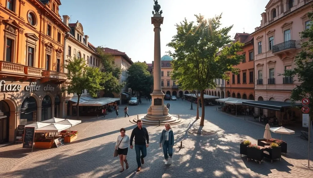 A picturesque main square in the historic heart of Sopron, Hungary. Ornate Baroque and Renaissance buildings line the cobblestone plaza, their warm ochre and terracotta facades bathed in soft, golden sunlight. In the center, the elegant Trinity Column stands tall, its intricate carvings and statues casting long shadows across the ground. Couples stroll hand-in-hand, admiring the charming cafes and boutiques that spill out onto the sidewalks. Lush trees provide dappled shade, while a gentle breeze carries the aroma of fresh-baked pastries. The atmosphere is one of timeless elegance and tranquility, inviting visitors to linger and soak in the history and beauty of this picturesque old town.