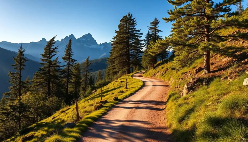 A picturesque mountain trail winding through a lush, verdant landscape, bathed in the soft, golden glow of the afternoon sun. Rugged peaks rise majestically in the distance, their snow-capped summits piercing the azure sky. The path ahead is smooth and inviting, with gentle undulations that beckon the intrepid trail runner to push forward, heart racing, lungs filling with crisp, invigorating air. Dappled shadows dance across the ground, creating a mesmerizing interplay of light and shadow. Towering pines and leafy deciduous trees line the trail, their branches swaying gently in the breeze, creating a serene and rejuvenating atmosphere. This is a scene of unbridled natural beauty, a dreamlike escape into the heart of the Macin Mountains, where the joys of trail running and the splendor of the outdoors converge.