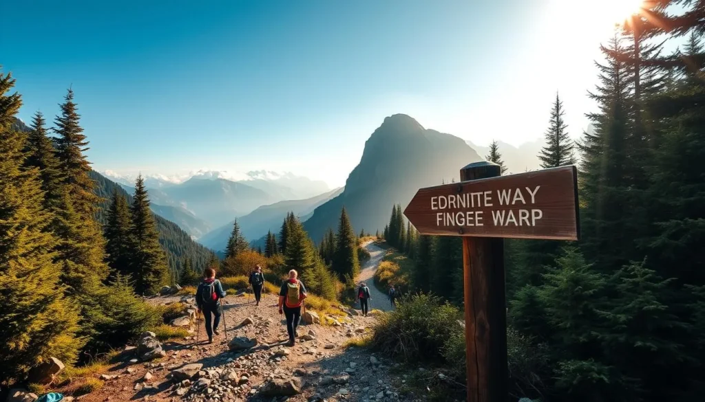 A picturesque mountain trail winding through lush, evergreen forests, with towering peaks rising in the distance. Sunlight filters through the canopy, casting a warm, golden glow on the path ahead. Hikers traverse the rugged terrain, their backpacks and trekking poles indicating a journey of adventure and exploration. In the foreground, a wooden signpost points the way, inviting the viewer to embark on a captivating expedition. The overall scene conveys a sense of tranquility, discovery, and the thrill of navigating the great outdoors.