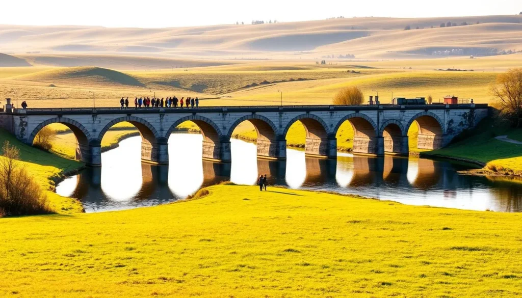 A picturesque nine-arch bridge spanning the serene Hortobágy River, surrounded by the lush, rolling meadows of the Hortobágy National Park. The scene is bathed in warm, golden sunlight, creating a tranquil, postcard-worthy atmosphere. In the foreground, a group of tourists leisurely stroll across the historic structure, admiring the stunning views of the pastoral Hungarian countryside. The middle ground features the distinctive arched design of the bridge, its intricate stonework and graceful curves mirrored in the still waters below. The background showcases the vast, verdant expanse of the Hortobágy grasslands, dotted with the occasional tree or farmstead, creating a picturesque rural landscape. The overall mood is one of peaceful contemplation and a connection to the region's rich cultural heritage.
