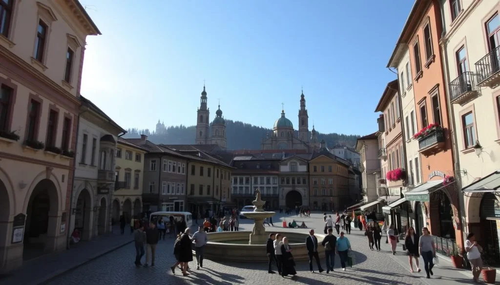 A picturesque old town square in Blagoevgrad, Bulgaria, bathed in warm afternoon sunlight. In the foreground, cobblestone streets and quaint buildings with charming architectural details - ornate facades, arched doorways, and overflowing flower boxes. In the middle ground, a central fountain surrounded by locals and visitors strolling, conversing, and enjoying the lively atmosphere. In the background, the silhouettes of historic churches and landmarks rise against a clear blue sky, hinting at the rich history and cultural heritage of this enchanting Bulgarian town.