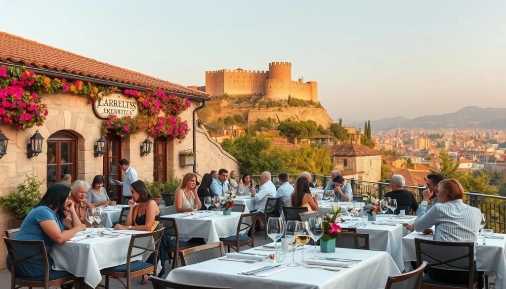 A picturesque outdoor dining scene in Veliko Tarnovo, Bulgaria. The camera captures a lively restaurant terrace with sweeping views of the historic city skyline. In the foreground, neatly arranged tables are adorned with crisp white tablecloths and clusters of fresh flowers. Patrons leisurely enjoy their meals, conversing over glasses of local wine. The middle ground features a quaint stone building housing the restaurant, its facade draped in colorful floral vines. In the background, the iconic Tsarevets Fortress stands majestically on a hilltop, bathed in warm golden light. The atmosphere is one of relaxed elegance, inviting the viewer to savor the delights of traditional Bulgarian cuisine while taking in the breathtaking scenery.