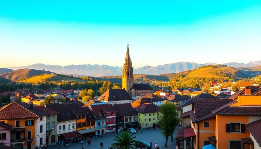 A picturesque panorama of Buzău, Romania, nestled amidst rolling hills and lush greenery. In the foreground, a charming town square bustles with locals and visitors, the colorful facades of historic buildings casting warm shadows across the cobblestone streets. In the middle ground, a towering church spire reaches towards the cloudless azure sky, its intricate architecture a testament to the region's rich cultural heritage. In the distance, the majestic Carpathian Mountains rise, their snow-capped peaks glowing in the golden light of a sun-dappled afternoon. The scene exudes a sense of tranquility and timelessness, inviting the viewer to explore the hidden gems and natural wonders that make Buzău a must-visit destination.