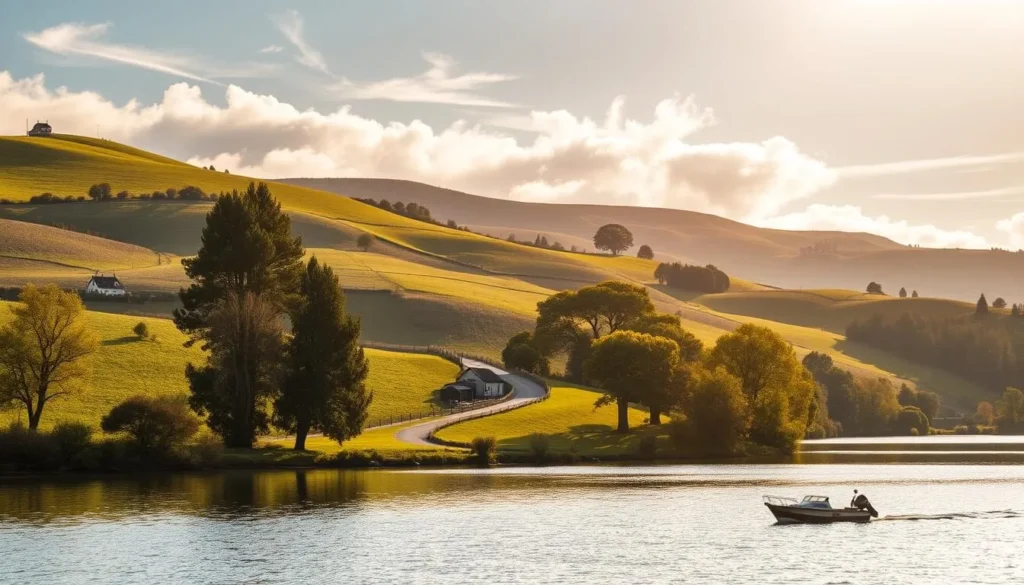 A picturesque pastoral scene of rolling hills and lush greenery, with a winding road leading to a charming village nestled in the distance. Warm sunlight filters through wispy clouds, casting a golden glow over the landscape. In the foreground, a tranquil lake reflects the idyllic surroundings, with a small boat gently floating on its serene surface. Towering trees line the banks, their branches swaying in a gentle breeze. The overall atmosphere exudes a sense of serenity and invites the viewer to explore the charming day trips that await in this picturesque region.