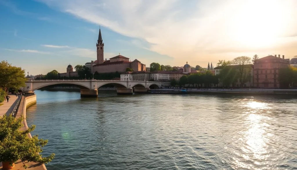 A picturesque riverfront scene along the Danube River, showcasing the historic city of Drobeta-Turnu Severin, Romania. Capture the iconic Trajan's Bridge and the towering medieval fortress in the foreground, with the sun's golden rays reflecting off the calm waters. Include a scenic promenade and leafy trees lining the riverbank, creating a serene and charming atmosphere. The image should emphasize the city's architectural heritage and natural beauty, inviting the viewer to explore the best photo spots and angles around this captivating destination.