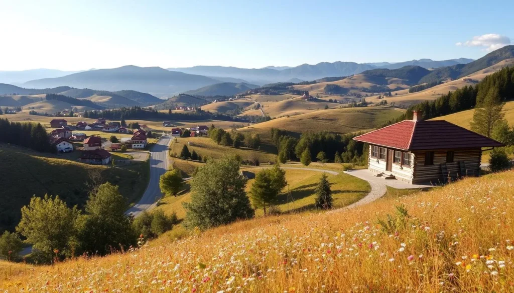 A picturesque rural landscape of the Gabrovo region in Bulgaria. Rolling hills dotted with quaint villages, their red-tiled roofs and whitewashed walls nestled among lush green forests. A winding country road leads the eye through the serene pastoral scene, with mountains rising in the distance under a bright, cloudless sky. In the foreground, a traditional Bulgarian wooden farmhouse stands amidst a field of wildflowers, bathed in warm, golden sunlight. The atmosphere conveys a sense of tranquility and timelessness, inviting the viewer to explore the natural beauty and charm of this idyllic Bulgarian countryside.